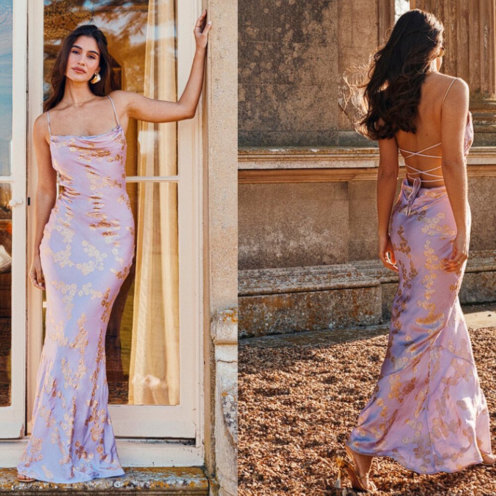 HOUSE OF CB 'Capriana' Orchid Jacquard Satin Gown NWOT - Picture 1 of 10